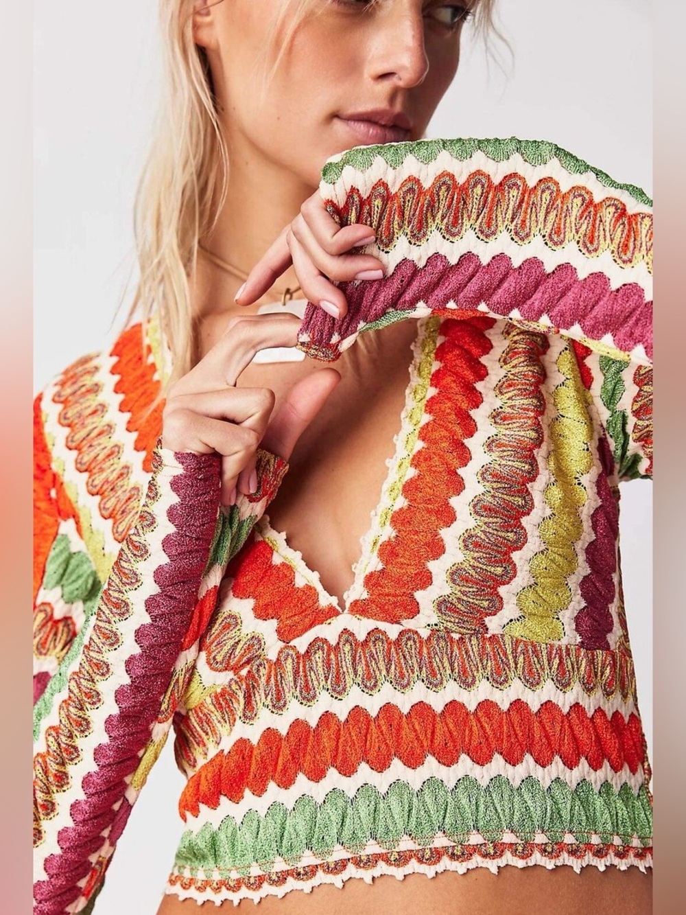 Free People Twist and Shout Long Sleeve Cropped 70’s Style Top Size XS
